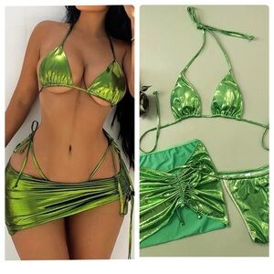 3pc Green Metallic Halter High Cut Brazilian Bikini Set & Skirt Cover Up